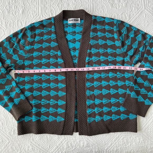 San Remo Knits Open Sweater Cardigan Charcoal Grey Blue Geo Large - Picture 6 of 9